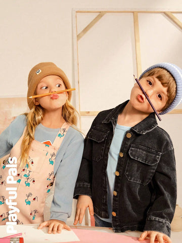 Playful Pals 1pc Unisex Cute/Retro/Casual/Back To School Cartoon Print Dungaree Overalls, Suitable For Young Girls And Boys