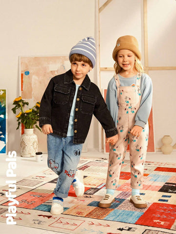 Playful Pals 1pc Unisex Cute/Retro/Casual/Back To School Cartoon Print Dungaree Overalls, Suitable For Young Girls And Boys