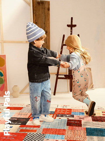 Playful Pals 1pc Unisex Cute/Retro/Casual/Back To School Cartoon Print Dungaree Overalls, Suitable For Young Girls And Boys