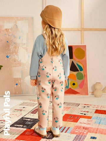 Playful Pals 1pc Unisex Cute/Retro/Casual/Back To School Cartoon Print Dungaree Overalls, Suitable For Young Girls And Boys