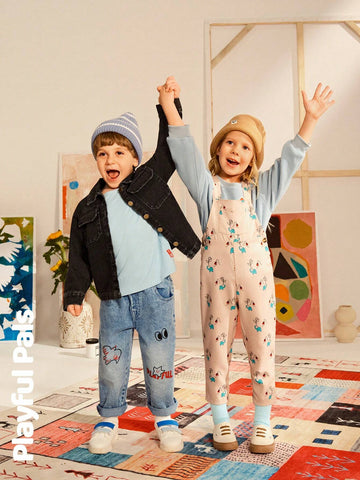 Playful Pals 1pc Unisex Cute/Retro/Casual/Back To School Cartoon Print Dungaree Overalls, Suitable For Young Girls And Boys