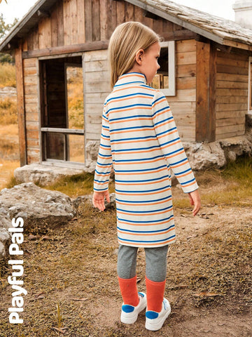 Playful Pals 1pc Young Girl Cute/Retro/Casual Striped Long Sleeve Straight Fitted Dress, Suitable For Home & Outing, Spring/Autumn/Winter