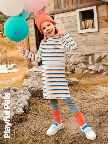 Playful Pals 1pc Young Girl Cute/Retro/Casual Striped Long Sleeve Straight Fitted Dress, Suitable For Home & Outing, Spring/Autumn/Winter