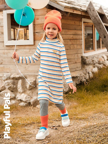 Playful Pals 1pc Young Girl Cute/Retro/Casual Striped Long Sleeve Straight Fitted Dress, Suitable For Home & Outing, Spring/Autumn/Winter