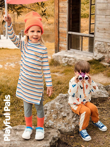 Playful Pals 1pc Young Girl Cute/Retro/Casual Striped Long Sleeve Straight Fitted Dress, Suitable For Home & Outing, Spring/Autumn/Winter