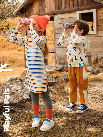 Playful Pals 1pc Young Girl Cute/Retro/Casual Striped Long Sleeve Straight Fitted Dress, Suitable For Home & Outing, Spring/Autumn/Winter