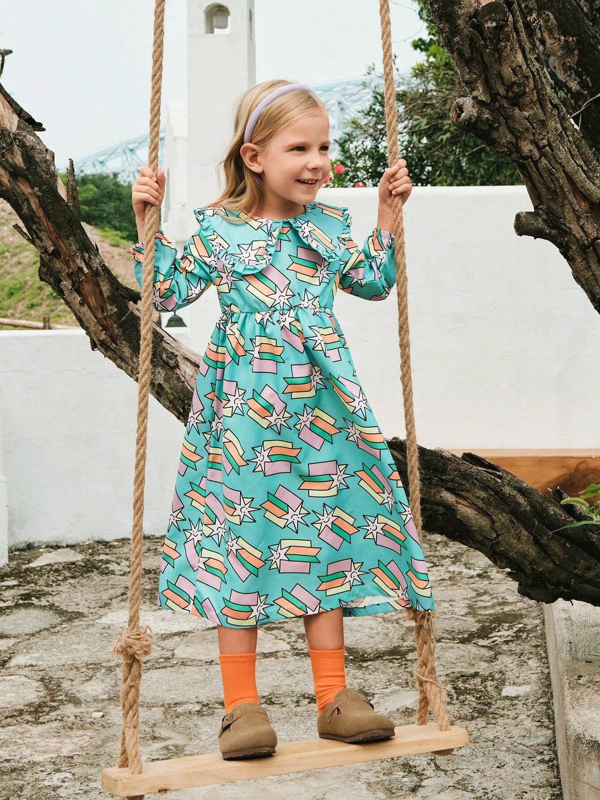 1pc Young Girl Cute/Vintage/Casual/Back To School Hand-Drawn Star Print/Peter Pan Collar/Ruffle Trim Long Sleeve A-Line Dress, Suitable For Home & Outdoor Play, Spring/Autumn/Winter