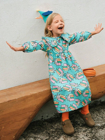 1pc Young Girl Cute/Vintage/Casual/Back To School Hand-Drawn Star Print/Peter Pan Collar/Ruffle Trim Long Sleeve A-Line Dress, Suitable For Home & Outdoor Play, Spring/Autumn/Winter