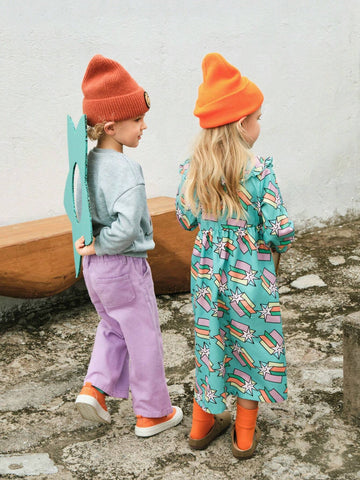 1pc Young Girl Cute/Vintage/Casual/Back To School Hand-Drawn Star Print/Peter Pan Collar/Ruffle Trim Long Sleeve A-Line Dress, Suitable For Home & Outdoor Play, Spring/Autumn/Winter