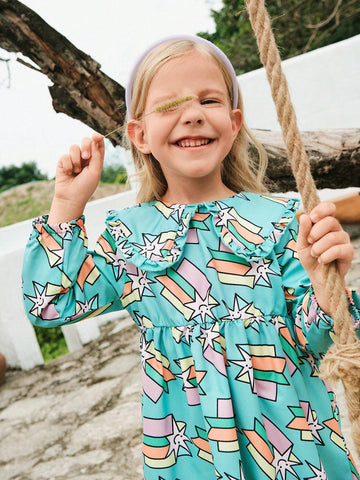 1pc Young Girl Cute/Vintage/Casual/Back To School Hand-Drawn Star Print/Peter Pan Collar/Ruffle Trim Long Sleeve A-Line Dress, Suitable For Home & Outdoor Play, Spring/Autumn/Winter