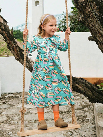 1pc Young Girl Cute/Vintage/Casual/Back To School Hand-Drawn Star Print/Peter Pan Collar/Ruffle Trim Long Sleeve A-Line Dress, Suitable For Home & Outdoor Play, Spring/Autumn/Winter