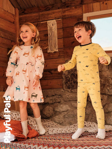1pc Young Girl Cute/Vintage/Casual Full Print Long Sleeve A-Line Dress, Suitable For Home And Outdoor Play, Spring/Autumn/Winter