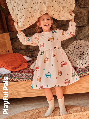 1pc Young Girl Cute/Vintage/Casual Full Print Long Sleeve A-Line Dress, Suitable For Home And Outdoor Play, Spring/Autumn/Winter