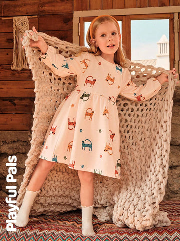 1pc Young Girl Cute/Vintage/Casual Full Print Long Sleeve A-Line Dress, Suitable For Home And Outdoor Play, Spring/Autumn/Winter