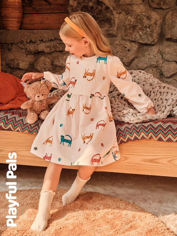 1pc Young Girl Cute/Vintage/Casual Full Print Long Sleeve A-Line Dress, Suitable For Home And Outdoor Play, Spring/Autumn/Winter