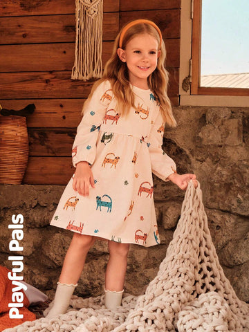 1pc Young Girl Cute/Vintage/Casual Full Print Long Sleeve A-Line Dress, Suitable For Home And Outdoor Play, Spring/Autumn/Winter