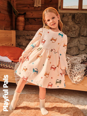 1pc Young Girl Cute/Vintage/Casual Full Print Long Sleeve A-Line Dress, Suitable For Home And Outdoor Play, Spring/Autumn/Winter