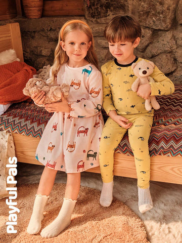 1pc Young Girl Cute/Vintage/Casual Full Print Long Sleeve A-Line Dress, Suitable For Home And Outdoor Play, Spring/Autumn/Winter