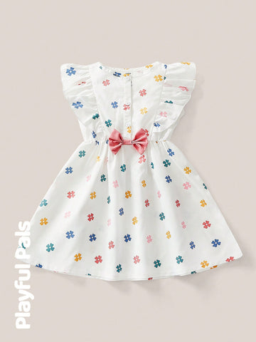 Playful Pals 1pc Young Girls Butterfly Ruffle Heart & Clover Print Dress, Cute/Retro/Fun, Casual Basic Wear For Any Occasion, Spring/Summer Outfits