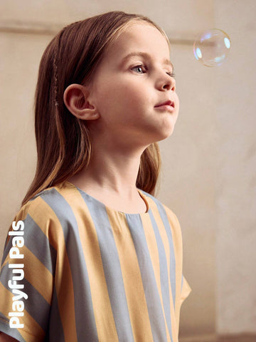 Playful Pals 1pc Young Girls Classic Striped Ruffled Dress, Adorable/Retro/Playful, Versatile Casual Dress