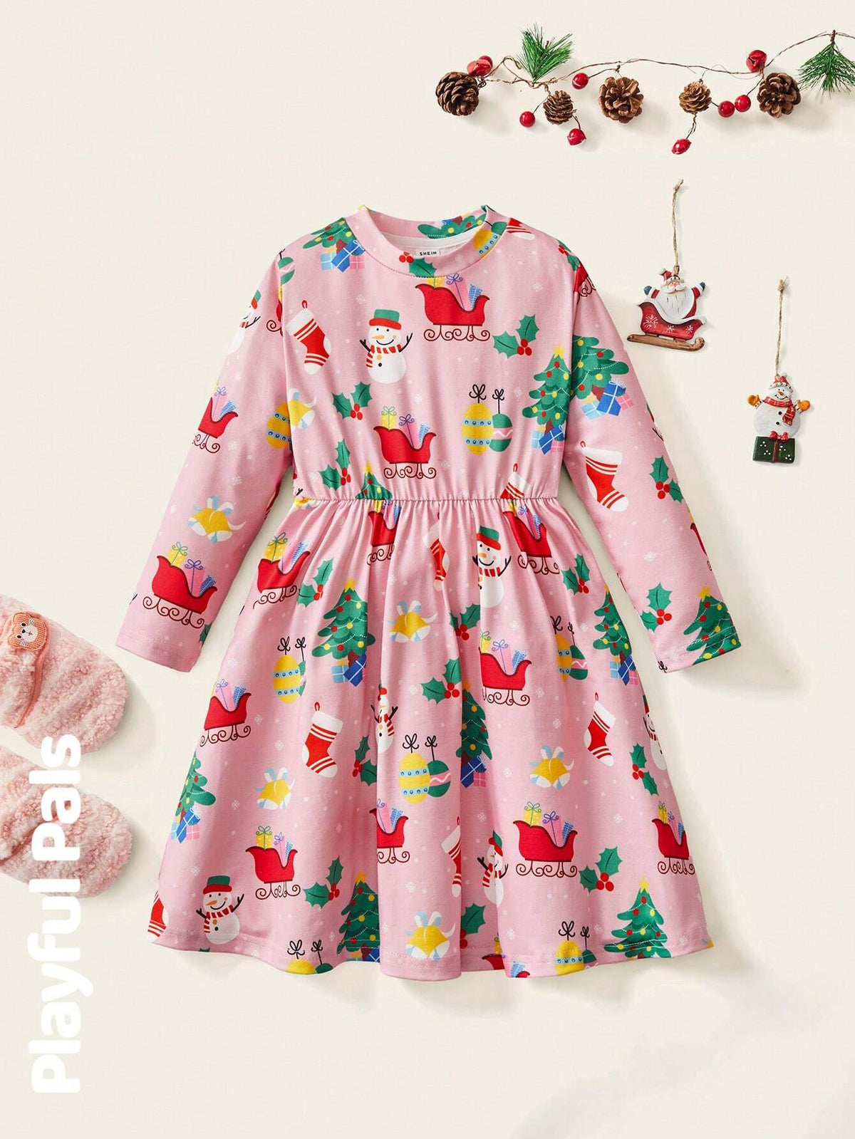 1pc Young Girls Cute/Retro/Funny/Cartoon Gift/Sled/Snowman Print Long Sleeve A-Line Dress, Christmas, Spring/Autumn/Winter