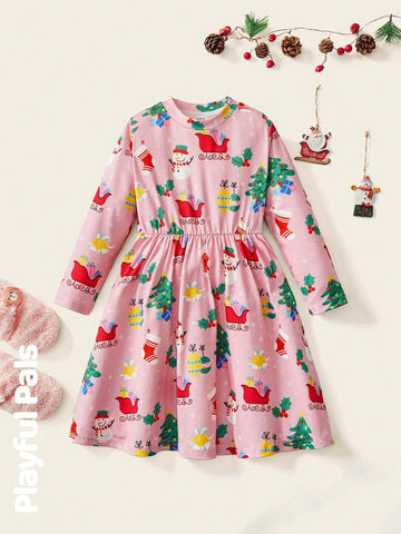 1pc Young Girls Cute/Retro/Funny/Cartoon Gift/Sled/Snowman Print Long Sleeve A-Line Dress, Christmas, Spring/Autumn/Winter
