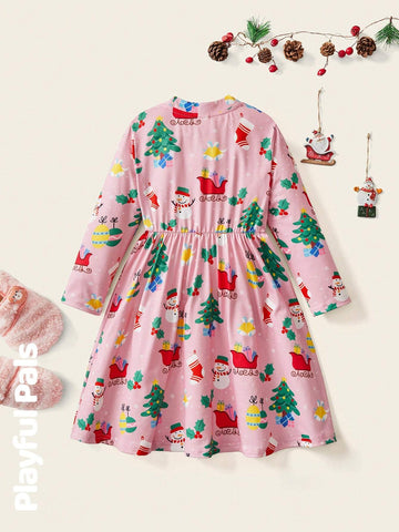 1pc Young Girls Cute/Retro/Funny/Cartoon Gift/Sled/Snowman Print Long Sleeve A-Line Dress, Christmas, Spring/Autumn/Winter