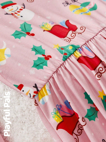 1pc Young Girls Cute/Retro/Funny/Cartoon Gift/Sled/Snowman Print Long Sleeve A-Line Dress, Christmas, Spring/Autumn/Winter