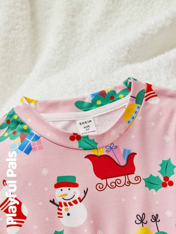 1pc Young Girls Cute/Retro/Funny/Cartoon Gift/Sled/Snowman Print Long Sleeve A-Line Dress, Christmas, Spring/Autumn/Winter