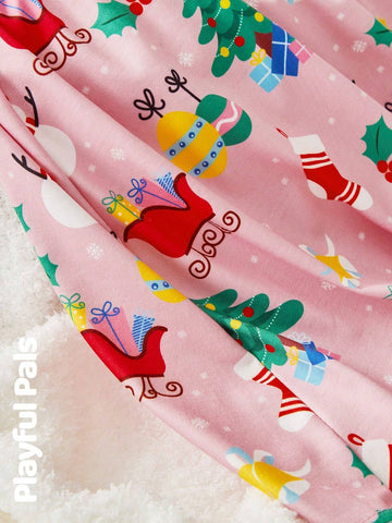 1pc Young Girls Cute/Retro/Funny/Cartoon Gift/Sled/Snowman Print Long Sleeve A-Line Dress, Christmas, Spring/Autumn/Winter