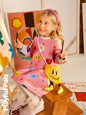 Playful Pals 1pc Young Girls Cute/Vintage/Casual/Back To School Palette/Art Pattern Long Sleeve Straight Dress With Matching Bag