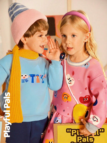 Playful Pals 1pc Young Girls Cute/Vintage/Casual/Back To School Palette/Art Pattern Long Sleeve Straight Dress With Matching Bag