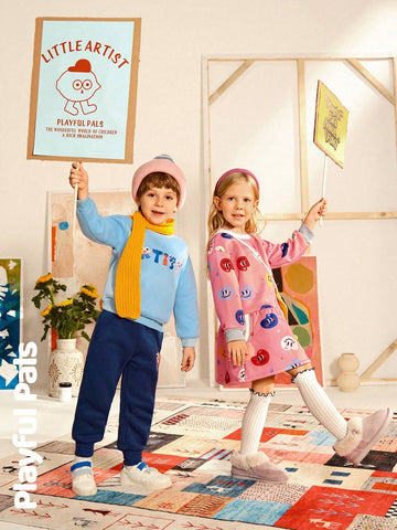 Playful Pals 1pc Young Girls Cute/Vintage/Casual/Back To School Palette/Art Pattern Long Sleeve Straight Dress With Matching Bag