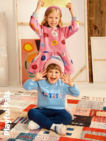 Playful Pals 1pc Young Girls Cute/Vintage/Casual/Back To School Palette/Art Pattern Long Sleeve Straight Dress With Matching Bag