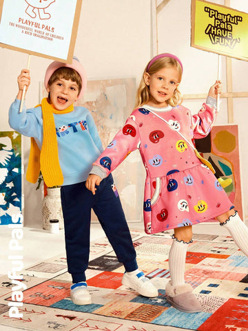 Playful Pals 1pc Young Girls Cute/Vintage/Casual/Back To School Palette/Art Pattern Long Sleeve Straight Dress With Matching Bag