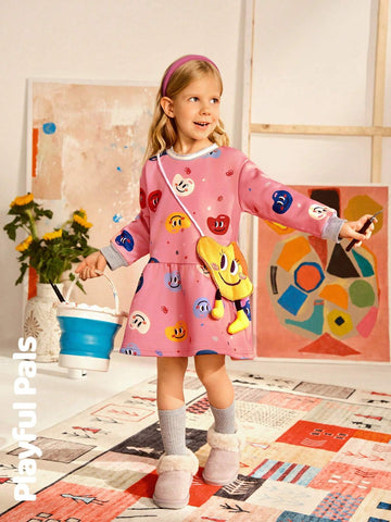 Playful Pals 1pc Young Girls Cute/Vintage/Casual/Back To School Palette/Art Pattern Long Sleeve Straight Dress With Matching Bag