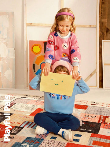 Playful Pals 1pc Young Girls Cute/Vintage/Casual/Back To School Palette/Art Pattern Long Sleeve Straight Dress With Matching Bag