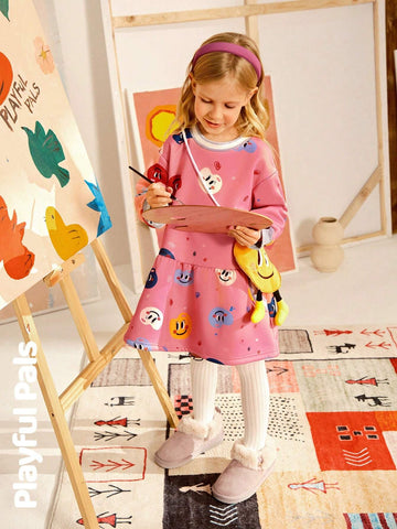 Playful Pals 1pc Young Girls Cute/Vintage/Casual/Back To School Palette/Art Pattern Long Sleeve Straight Dress With Matching Bag