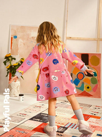 Playful Pals 1pc Young Girls Cute/Vintage/Casual/Back To School Palette/Art Pattern Long Sleeve Straight Dress With Matching Bag