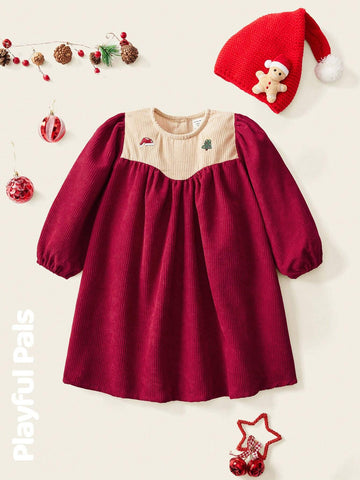 1pc Young Girls Cute/Vintage/Fun/Cartoon Christmas Tree Graphic Long Sleeve A-Line Dress, Suitable For Spring/Autumn/Winter