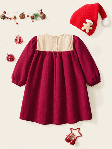 1pc Young Girls Cute/Vintage/Fun/Cartoon Christmas Tree Graphic Long Sleeve A-Line Dress, Suitable For Spring/Autumn/Winter
