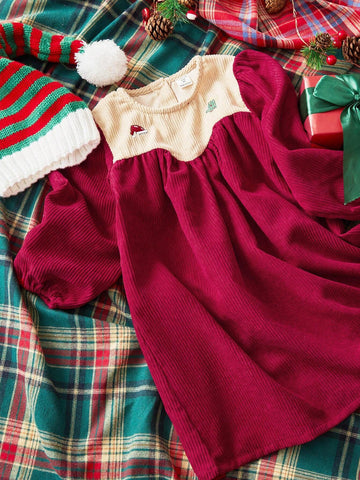 1pc Young Girls Cute/Vintage/Fun/Cartoon Christmas Tree Graphic Long Sleeve A-Line Dress, Suitable For Spring/Autumn/Winter