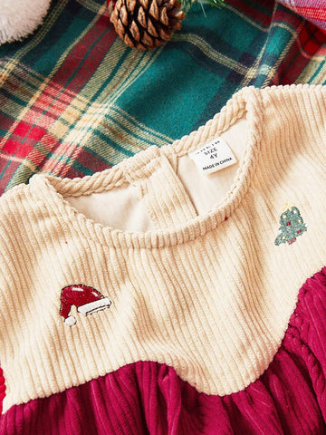 1pc Young Girls Cute/Vintage/Fun/Cartoon Christmas Tree Graphic Long Sleeve A-Line Dress, Suitable For Spring/Autumn/Winter