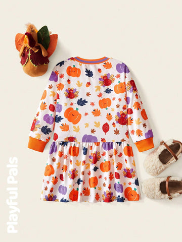 1pc Young Girls Cute/Vintage/Funny/Cartoon Turkey/Pumpkin/Maple Leaf Long Sleeve Sweatshirt Dress, Thanksgiving, Spring/Autumn/Winter