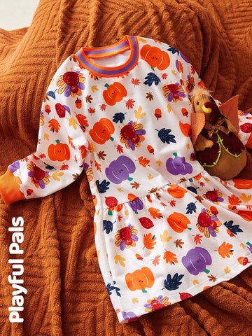 1pc Young Girls Cute/Vintage/Funny/Cartoon Turkey/Pumpkin/Maple Leaf Long Sleeve Sweatshirt Dress, Thanksgiving, Spring/Autumn/Winter
