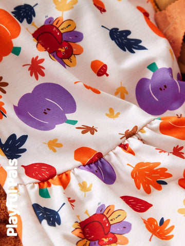 1pc Young Girls Cute/Vintage/Funny/Cartoon Turkey/Pumpkin/Maple Leaf Long Sleeve Sweatshirt Dress, Thanksgiving, Spring/Autumn/Winter