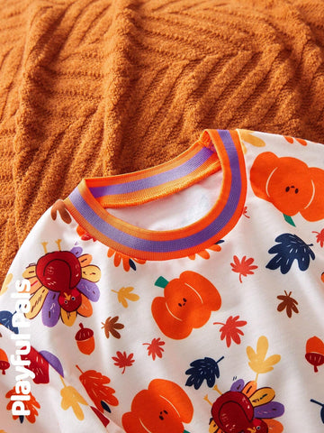 1pc Young Girls Cute/Vintage/Funny/Cartoon Turkey/Pumpkin/Maple Leaf Long Sleeve Sweatshirt Dress, Thanksgiving, Spring/Autumn/Winter