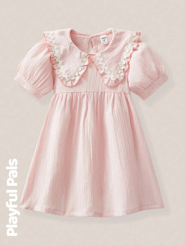 Playful Pals 1pc Young Girls' Dresses, Featuring Ruffle Collar, Lapel, Ruffle Hem Design, Lantern Sleeves/Puff Sleeves