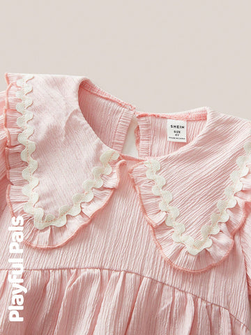 Playful Pals 1pc Young Girls' Dresses, Featuring Ruffle Collar, Lapel, Ruffle Hem Design, Lantern Sleeves/Puff Sleeves