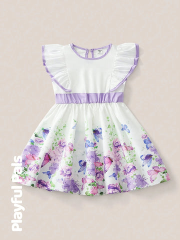 Playful Pals 1pc Young Girls Floral Ombre & Butterfly Print Double Layer Ruffle Belted Dress, Cute/Retro/Playful